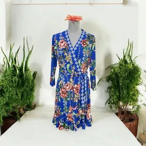 Eci New York Dress Womens Blue Midi Floral Wrap Floral Ladies size L thumbnail 2