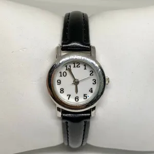 FMD women’s watch silver tone quartz analog 25mm black leather band running thumbnail 1