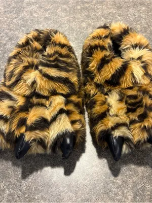 Plush Faux Fur Slip-On Slippers for Women/Unisex - Tiger Print Black & Brown S/M thumbnail 3