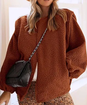Kirundo Women's Brown Fuzzy‎ Teddy Bear Open Front Cardigan Jacket thumbnail 1