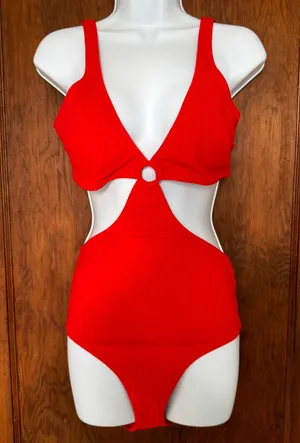 NWT Aerie Wide Rib Cut Out Ring One Piece Swimsuit‎ Red L Monokini thumbnail 1