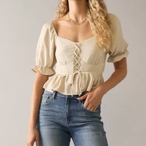 Francescas Marisa Lace Up Front Short Sleeve Blouse Top M thumbnail 7