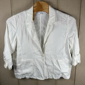 Chico's Linen Blend Blazer Womens 3 XL Ivory 3/4 Ruched Sleeve Coastal Grandma thumbnail 1