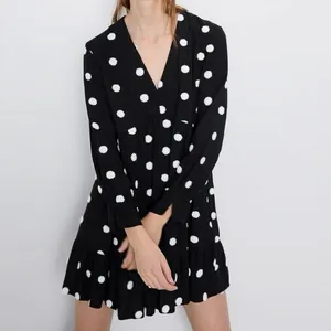 Zara Women's Black White Polka Dot V-Neck Long Sleeve A-Line Mini Dress Size L thumbnail 3
