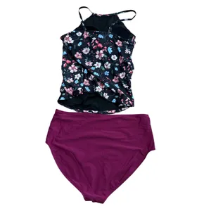 Tempt Me Floral Tankini‎ Top & Kathy Ireland High Waist Bottoms Set XL Purple thumbnail 7