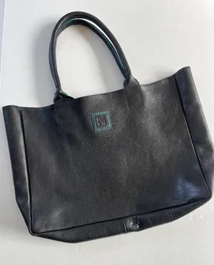 Black Deertan Cowhide Leather Tote Bag Teal Trim Classic‎ Minimalist Purse thumbnail 1
