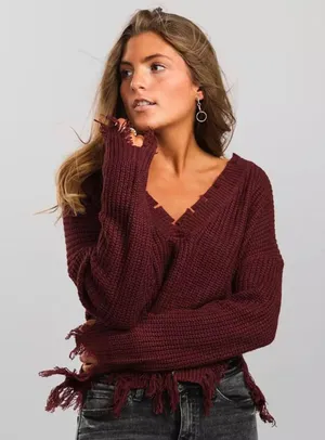 LUV NYC Destructed V-Neck Sweater thumbnail 1