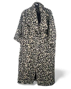 Leopard Fleece Trench Long Jacket Coat Animal Print Womens M Fur Fuzz thumbnail 1