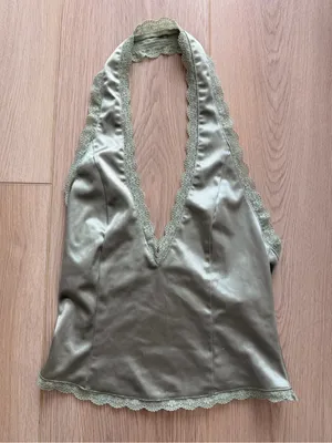 Kimchi Blue Sage Green Satin Lace Halter Top thumbnail 1