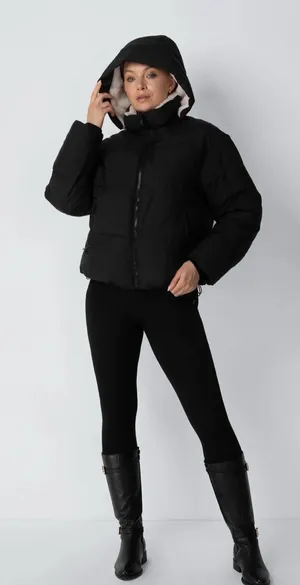 PUFFIT Women's Black Hooded Puffer Jacket - Cozy Short Winter Coat thumbnail 1
