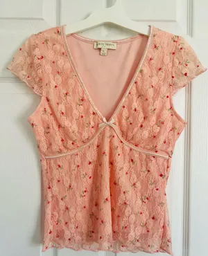 Y2K Coquette Pink Lace Floral Babydoll Top Fairycore Romantic V-Neck Womens Sz L thumbnail 1