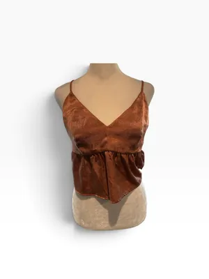 Mi Ami Copper/Bronze Satin V-Neck Spaghetti Strap Camisole. Flattering thumbnail 3
