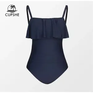 NWT Womens Cupshe Ruffle Flounce Navy Blue Swimsuit Bathing Suit - Sz L thumbnail 3