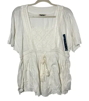 Lucky Brand White Embroidered Tassel‎ Tie Square Neck Peasant Tunic Top Medium thumbnail 1
