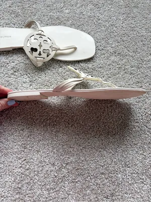 Tory Burch Knotted Miller Sandals Size 10.5M Leather Flat Heel White Logo thumbnail 3