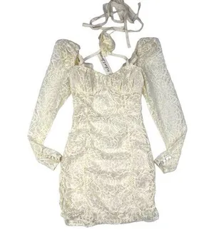 For Love & Lemons - Lace Rose Choker Long Sleeve Mini Dress in Ivory thumbnail 1