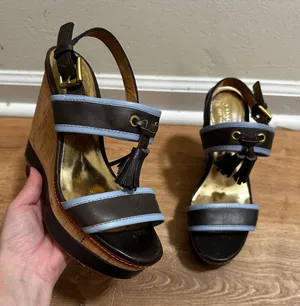 Coach | Women's Brown Blue Leather Tassel Cork Platform Wedge Sandals, 6.5B thumbnail 1