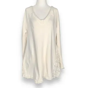 Free People No Frills Pullover Top Cream Lace Insert Vneck Sweatshirt‎ Small thumbnail 12