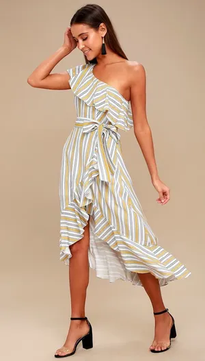 Lulus High Tide Yellow Striped One Shoulder Midi Dress Size Small thumbnail 1