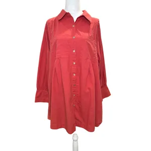 Aura Oversized Shirt Dress Large Rust Red Linen Cotton‎ Pleated Boho Tunic thumbnail 3