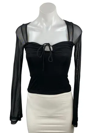 Princess Polly Women's Black Sheer Mesh Long Sleeve Tie Neck Crop Blouse Top 2 thumbnail 1