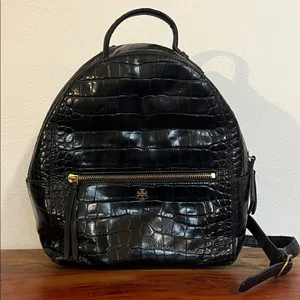 Tory Burch Croc Embossed Black Leather Mini Backpack Purse Gold Logo Casual Luxe thumbnail 13