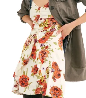 Free People Happy Heart Mini Floral Dress ruched ruffle smock boho L thumbnail 1