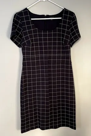 Ann Taylor Petite navy blue white checkered short sleeved‎ dress vintage style thumbnail 1