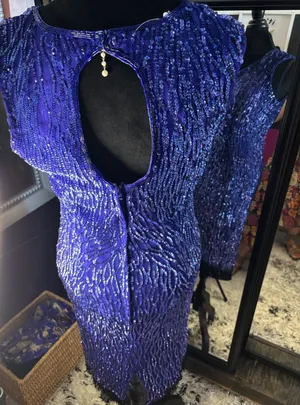 Vintage Blue Sequin‎ Cocktail dress V-Neck Keyhole Back Fringe Hem Sleeveless thumbnail 1