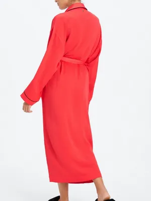 Fabletics Eco-satin Robe Strawberry Red With Black Trim With Pockets Size Medium thumbnail 4