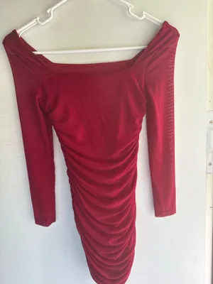 red off-the-shoulder long-sleeve ruched bodycon mini dress thumbnail 2
