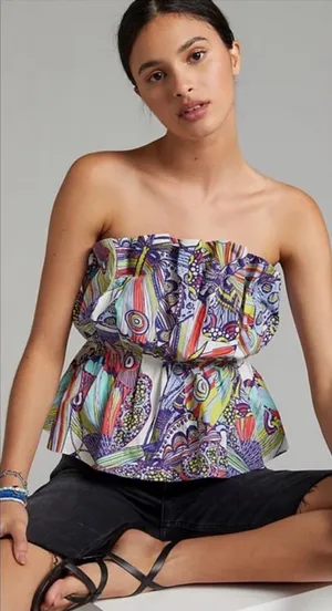 Anthropologie Diana Ruffled Smocked Strapless Tube‎ Top Abstract Print Size XS thumbnail 1