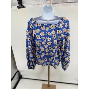 Ann Taylor Floral Square Neck Puff Sleeve Top Womens S Blue Tan Office Bohemian thumbnail 9