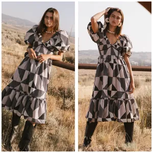 Bohme Brielle Patchwork Midi Dress Size Medium Puff Sleeve Check Plaid Boho thumbnail 2