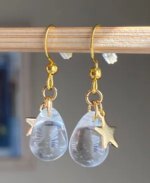 clear Czech glass teardrop & gold stainless star cute dangle earrings 🤍🌟 thumbnail 3