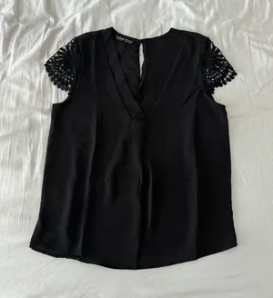 Black V-Neck Blouse With Lace Cap Sleeves thumbnail 1