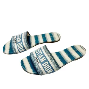 Christian Dior Dway Slides Deep Ocean Blue White Striped Canvas Sandals 37.5 thumbnail 4