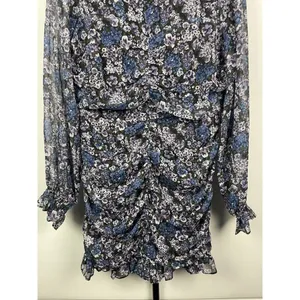 Vici Blue Purple Black Floral Ruched Long Sleeve Chiffon Mini Dress Size L‎ thumbnail 3