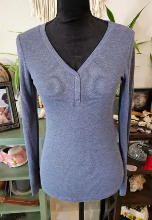 Faded Glory Blue V-neck Henley Top Size Small thumbnail 1