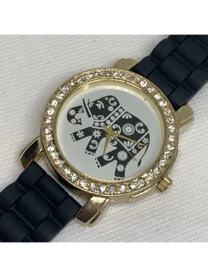 Gold tone Elephant dial women watch rhinestones 43mm quartz black band running thumbnail 2