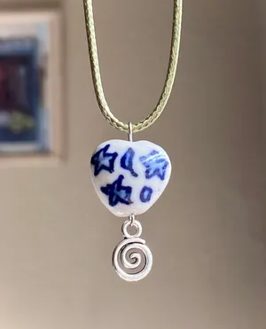 Handmade celestial porcelain heart bead & swirl unique boho fairy whimsical necklace🌙🌀🌟 thumbnail 2