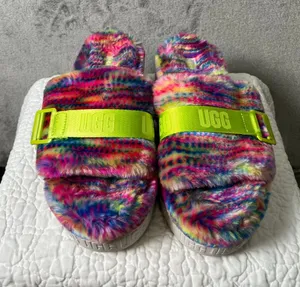UGG Fluff Yeah Multicolor Fuzzy Shearling Slide Sandals Neon Green Women's US 10 thumbnail 1