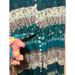 Womens Teal‎ Floral Patchwork Boho Button Front Maxi Dress XXL Drawstring Artsy Blue thumbnail 6