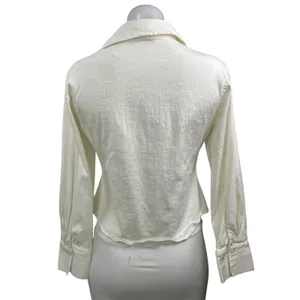 Zara Womens White Linen Long Sleeve Ruched Collared Button Down Shirt Top Size L thumbnail 3