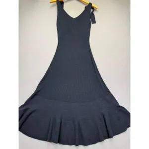 Club Monaco Womens Navy Blue Ribbed Linen Blend Tie Shoulder‎ Midi Dress Size M thumbnail 11