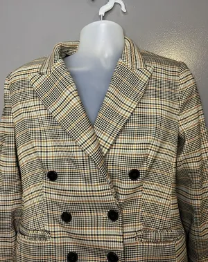 Marled Blazer Womens S Beige Plaid Double Breasted Lined Notch Lapel Jacket thumbnail 1