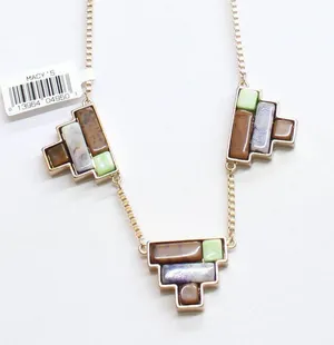 NWT Mcys Inlay Pyramid Pendant Art Deco Necklace Gold / Brown / Purple 16" + 3" thumbnail 1