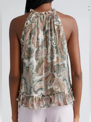Veronica Beard 100% Silk Paisley Halter Tank - Green, Cream, Coral Size 8 thumbnail 2