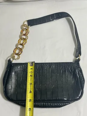 Black Faux Croc Embossed Shoulder Bag Tortoise Chain Accent Baguette Purse thumbnail 3