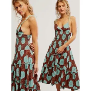 Free People Bohemian Beachy Hawaiian Adriel Midi Dress Brown Blue Floral Size XL thumbnail 3